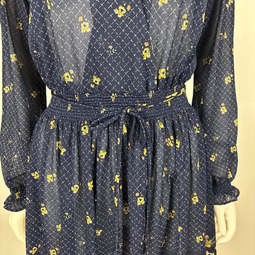 Vintage 80s Sheer Dress Womens M Navy Blue Peacock Floral Border Print - Picture 5 of 11
